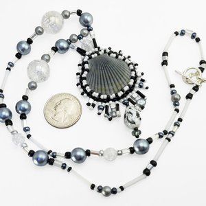 Black White Beaded-Embroidery Shell Necklace, Handmade Seaside Mermaid Fashion